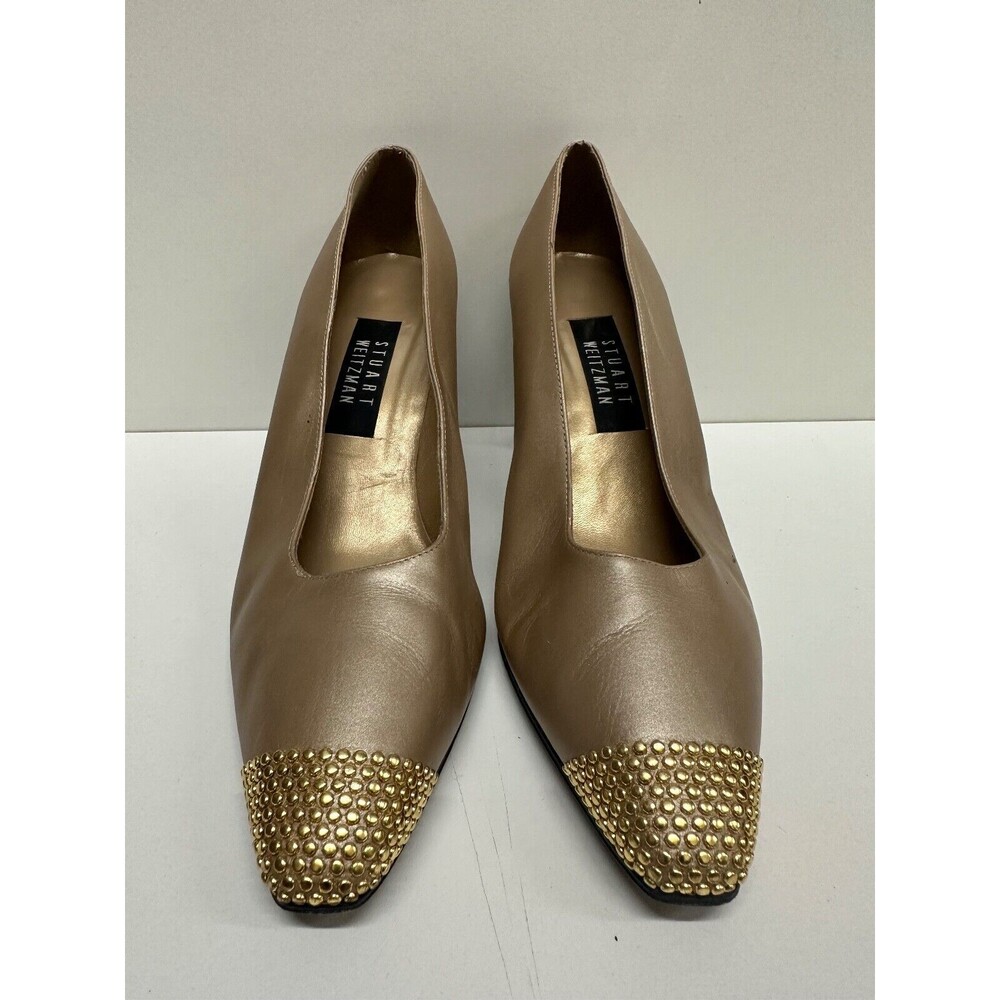 Stuart Weitzman women size 9.5 B shiny beige leather heel gold studded shoes